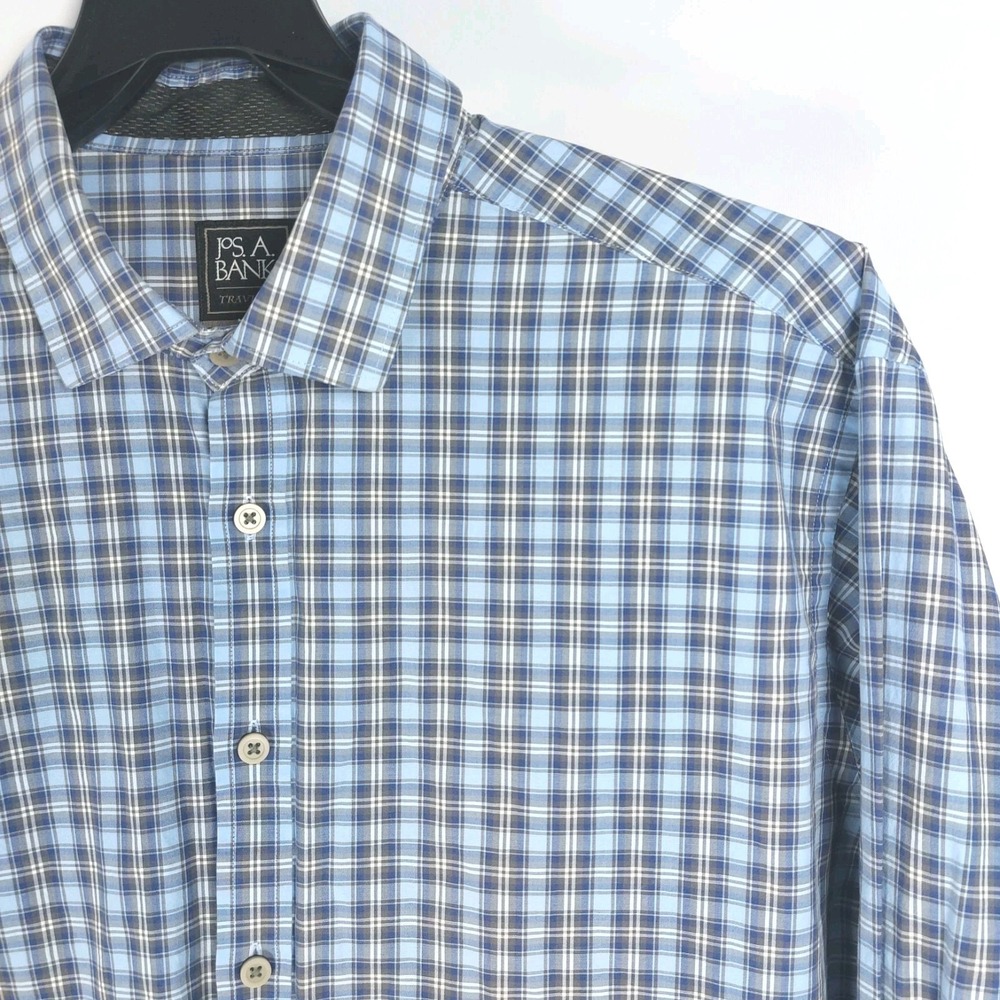 Jos A Bank Traveler Tech Shirt Button Up Mens XL Blue Plaid Cotton Tailored Fit